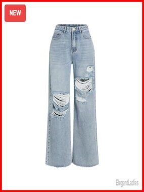 High Waisted Ripped Baggy Straight Leg Jeans Size Up